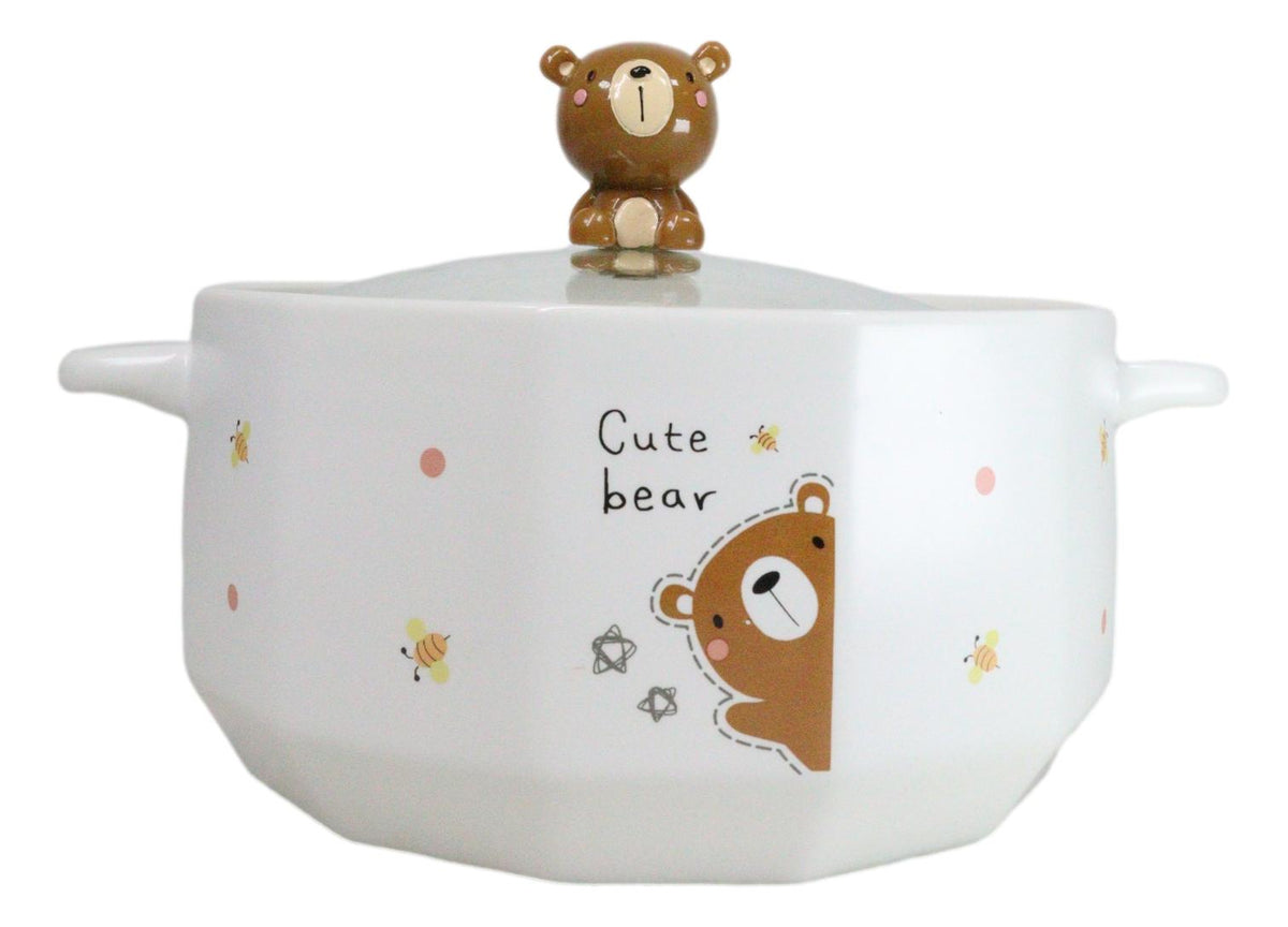 Ceramic Whimsical Honey Bees Bear 30oz Noodle Dessert Food Bowl W/ Glass Lid - Ebros Gift