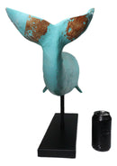 Abstract Art Blue Sperm Whale Fish Faux Distressed Wood Sculpture On Stand 30"L
