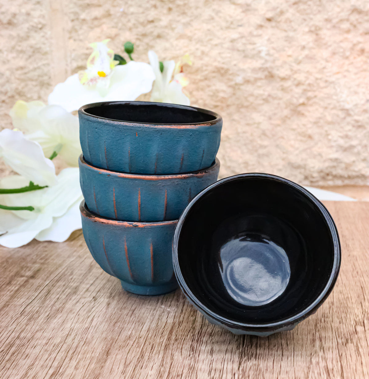 Blue Gold Ridged Lines Japanese Tetsubin Style Cast Iron Tea Cups Set of 4