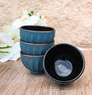 Blue Gold Ridged Lines Japanese Tetsubin Style Cast Iron Tea Cups Set of 4