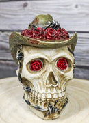 Western Old Wild West Cowboy Skull with Romantic Roses Barbed Wire Hat Figurine