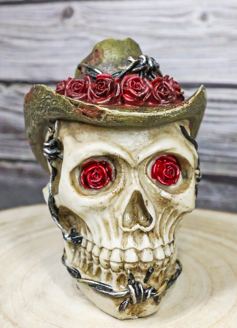 Western Old Wild West Cowboy Skull with Romantic Roses Barbed Wire Hat Figurine
