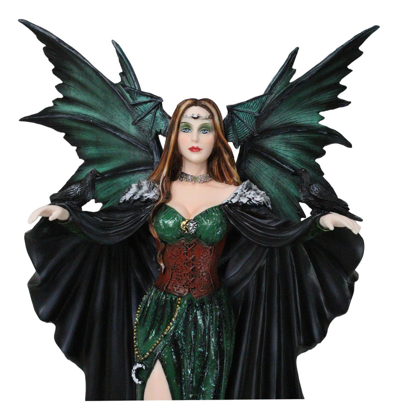Large Gothic Dragon Fairy Queen In Long Green Robe With Ravens Statue 17"H