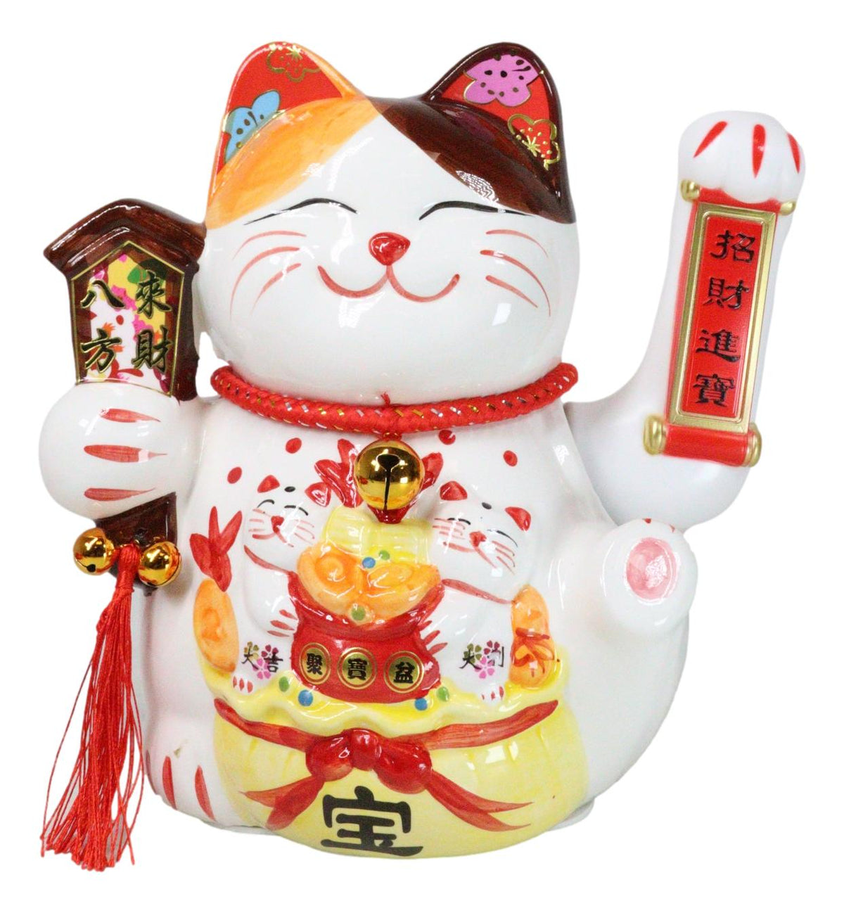 Japanese Lucky Charm White Beckoning Cat Maneki Neko With Waving Arm Figurine 9" - Ebros Gift