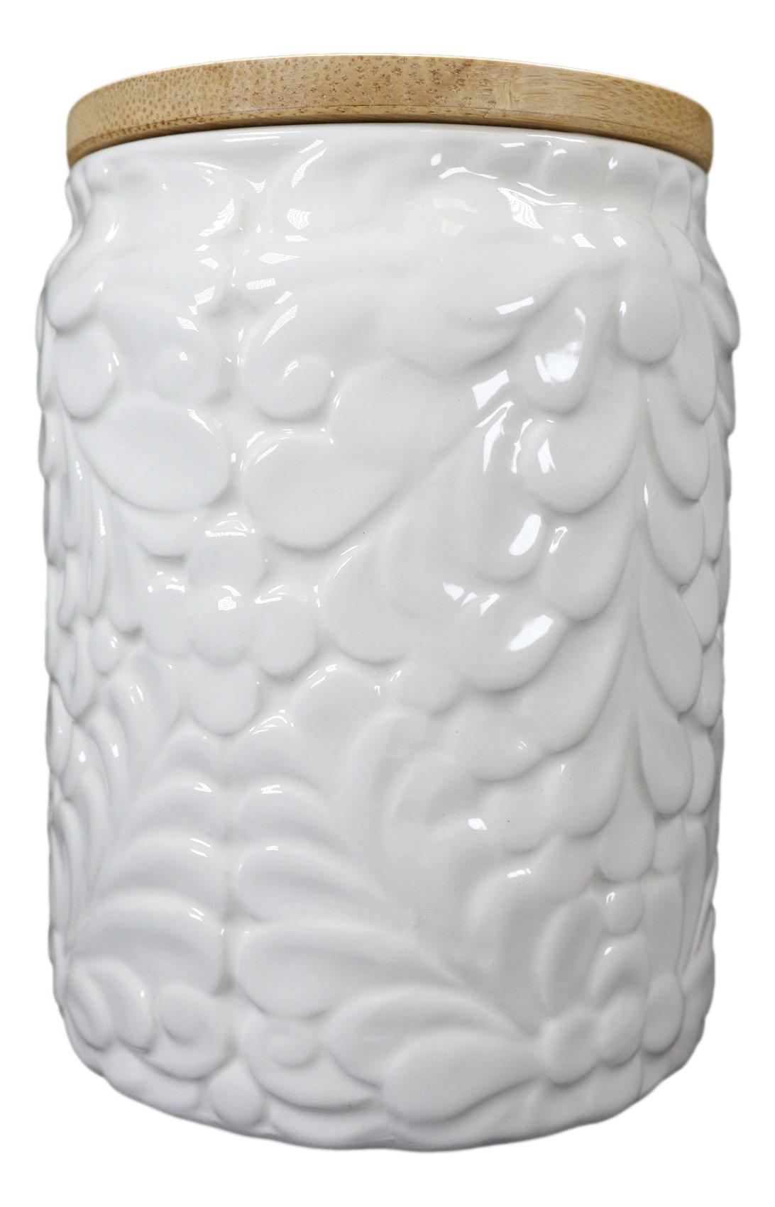 Set of 2 Ceramic White Floral Air Tight Canister Storage Jars Bamboo Lid 44oz