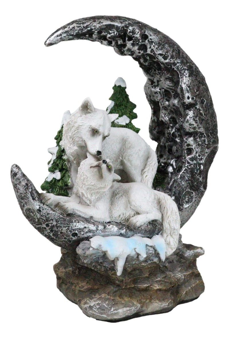 Winter White Wolf Couple In Snow Pine Trees Scene With LED Crescent Moon Statue