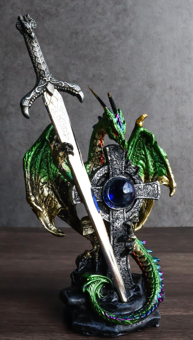 Green Druid Dragon With Celtic High Cross & Gothic Sword Letter Opener Figurine