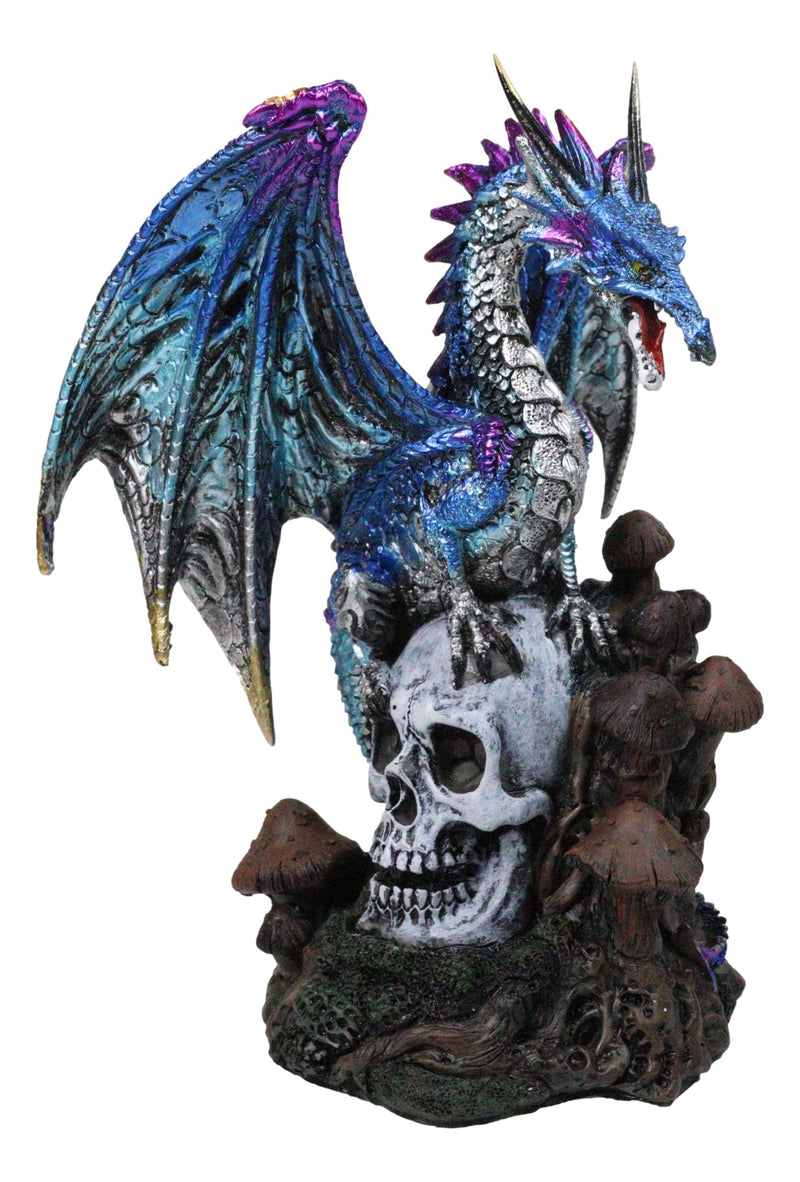 Metallic Blue Dragon with Purple Spikes Perching On Oversized Skull Figurine