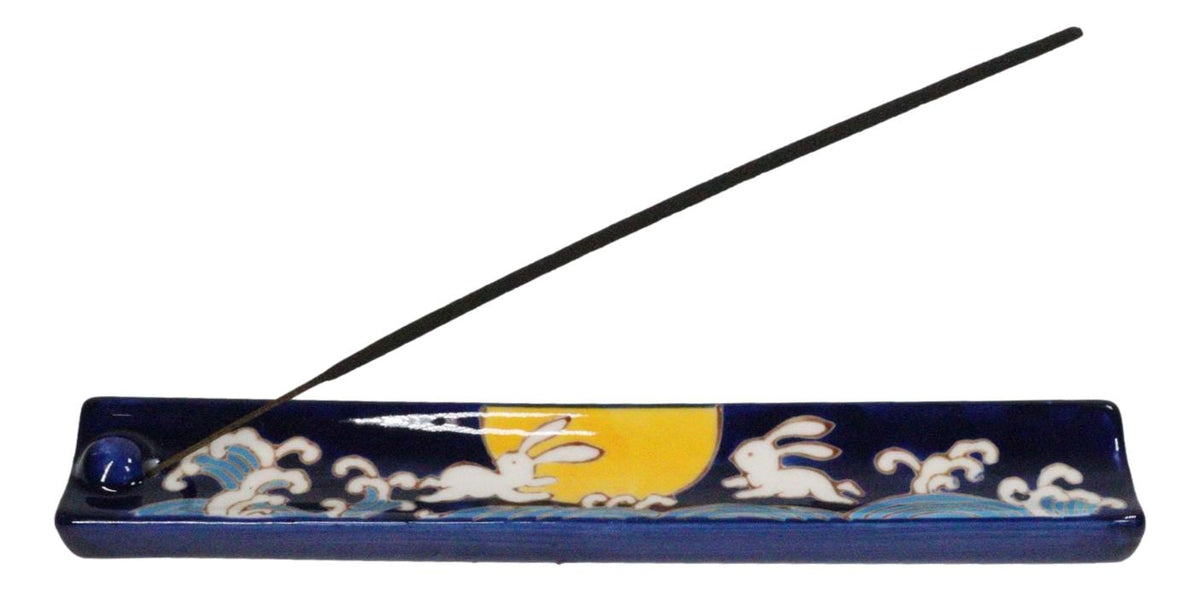Ebros Moon Rabbit Blue Hand Painted Ceramic Incense Stick Holder Ash Catcher