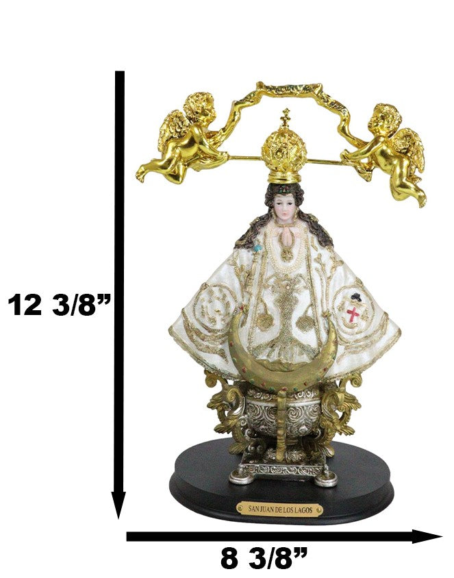 Our Lady of San Juan De Los Lagos Golden Crown And Angels Regal White Figurine