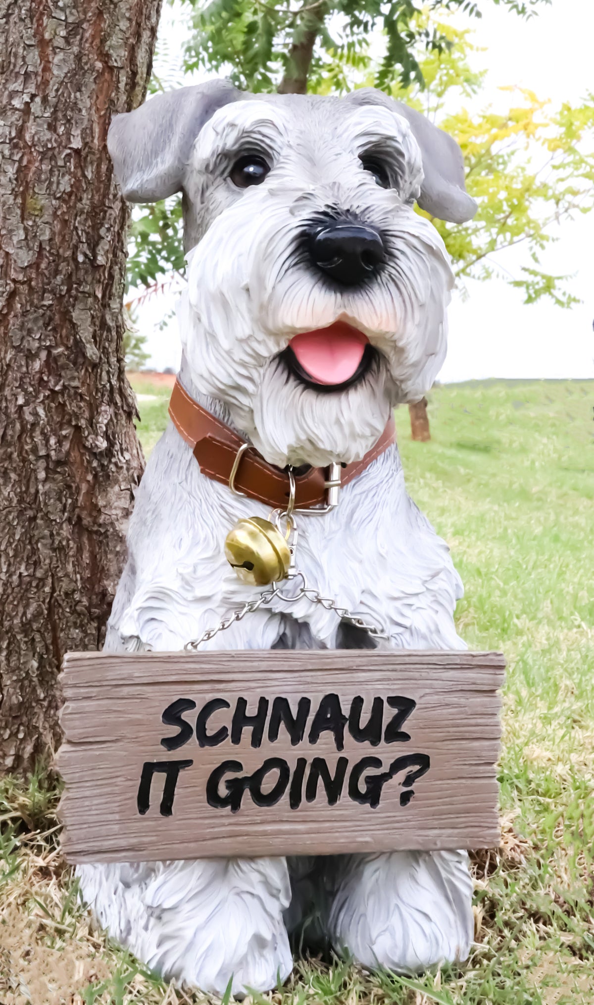 Adorable Grey Schnauzer Dog Sitting With Jingle Collar Greetings Sign Statue - Ebros Gift