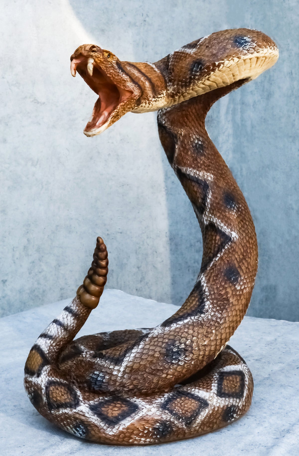 Realistic Attacking Coiled Diamondback Rattlesnake With Fangs Bared Figurine - Ebros Gift