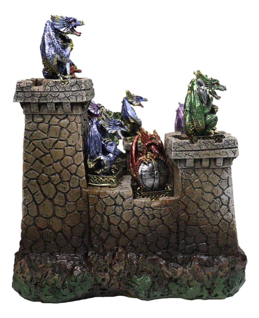 Medieval Grand Stonewall Castle Gatehouse With 12 Miniature Dragons Figurine Set