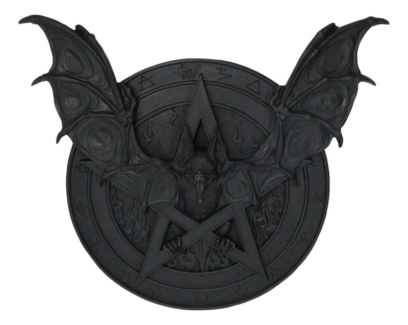 Gothic Nosferatu Black Bat Pentagram With Hell Fire Alchemy Symbols Wall Plaque