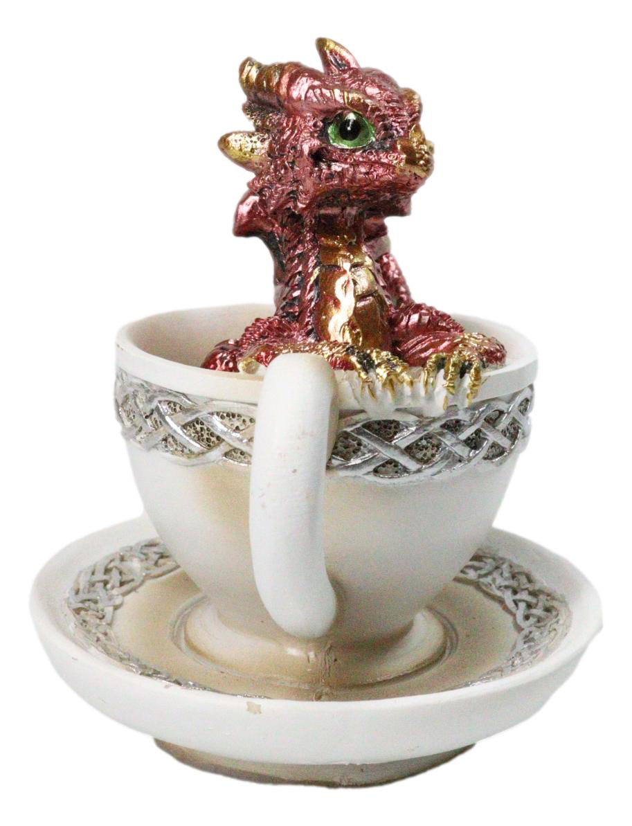 Red Metallic Baby Wyrmling Dragon Bathing In Tea Cup with Saucer Figurine