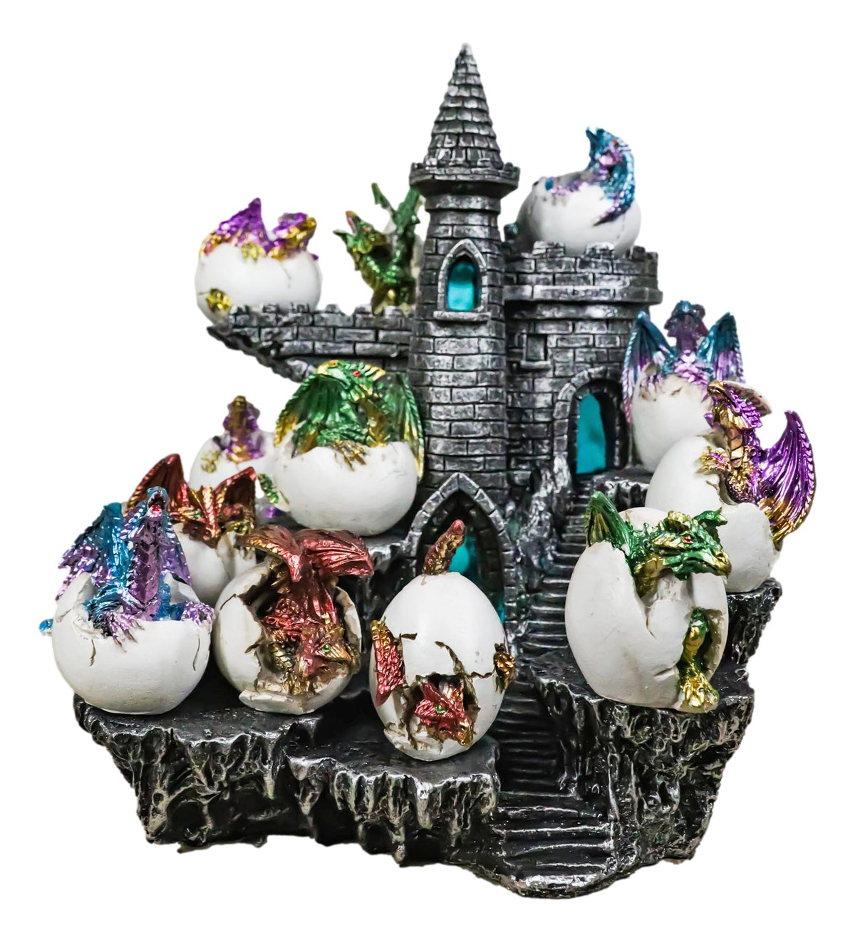 Medieval 12 Mini Dragons In Eggs On Mountain Stonewall Castle Display Stand Set