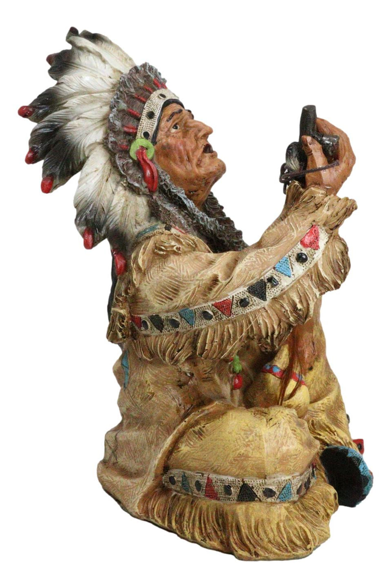 Tribal Indian Tribal Chief With Headdress Roach Smoking Peace Pipe Figurine