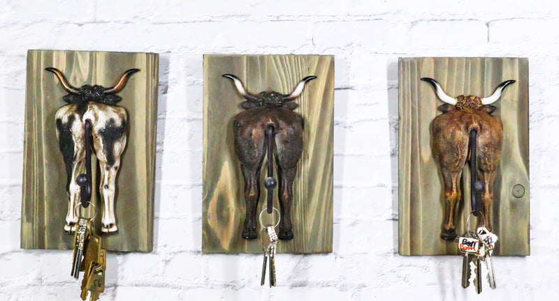 Set of 3 Rustic Western Steer Bulls Hind Butt Coat Wall Hooks With Wooden Plaque