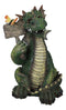 Whimsical Green Garden Dragon With Butterfly With Welcome Plank Sign Figurine