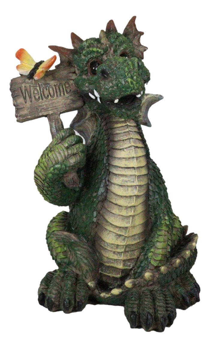 Whimsical Green Garden Dragon With Butterfly With Welcome Plank Sign Figurine