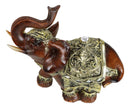 Faux Wood Trunk Up Elephant With Golden Scrollwork And Glass Mirrors Figurine
