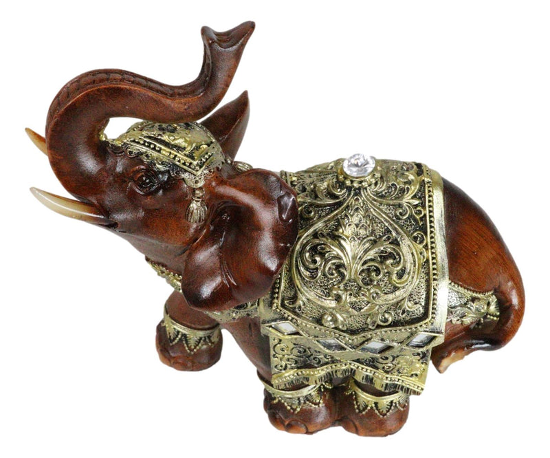 Faux Wood Trunk Up Elephant With Golden Scrollwork And Glass Mirrors Figurine