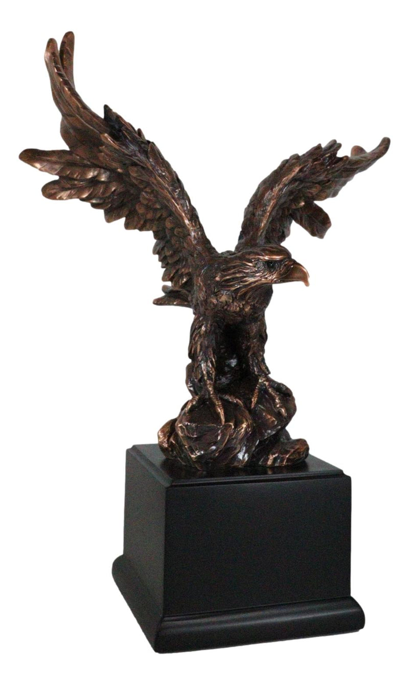 Open Winged American Bald Eagle Landing On Rock Steppes Figurine With Base