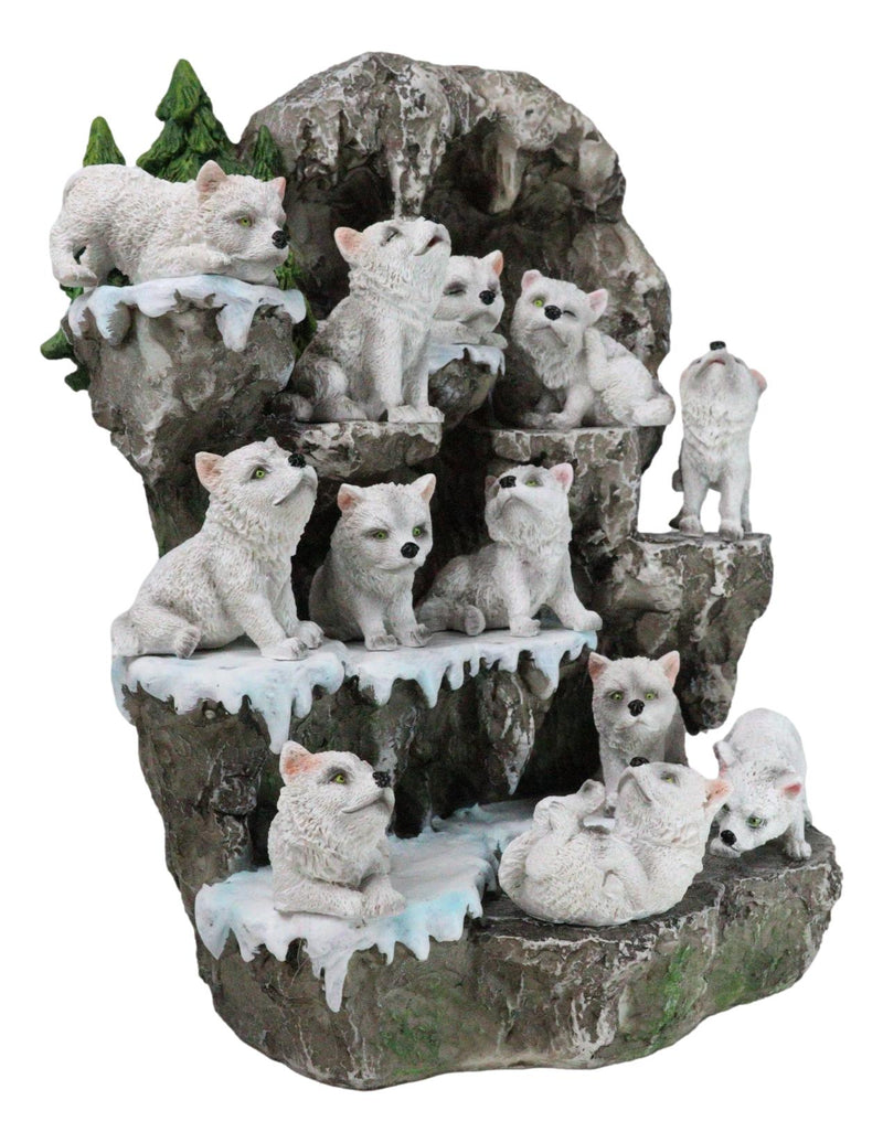 Snow Capped Wolf Den Rocky Cave Lair With Pine Trees LED Display Stand Sculpture