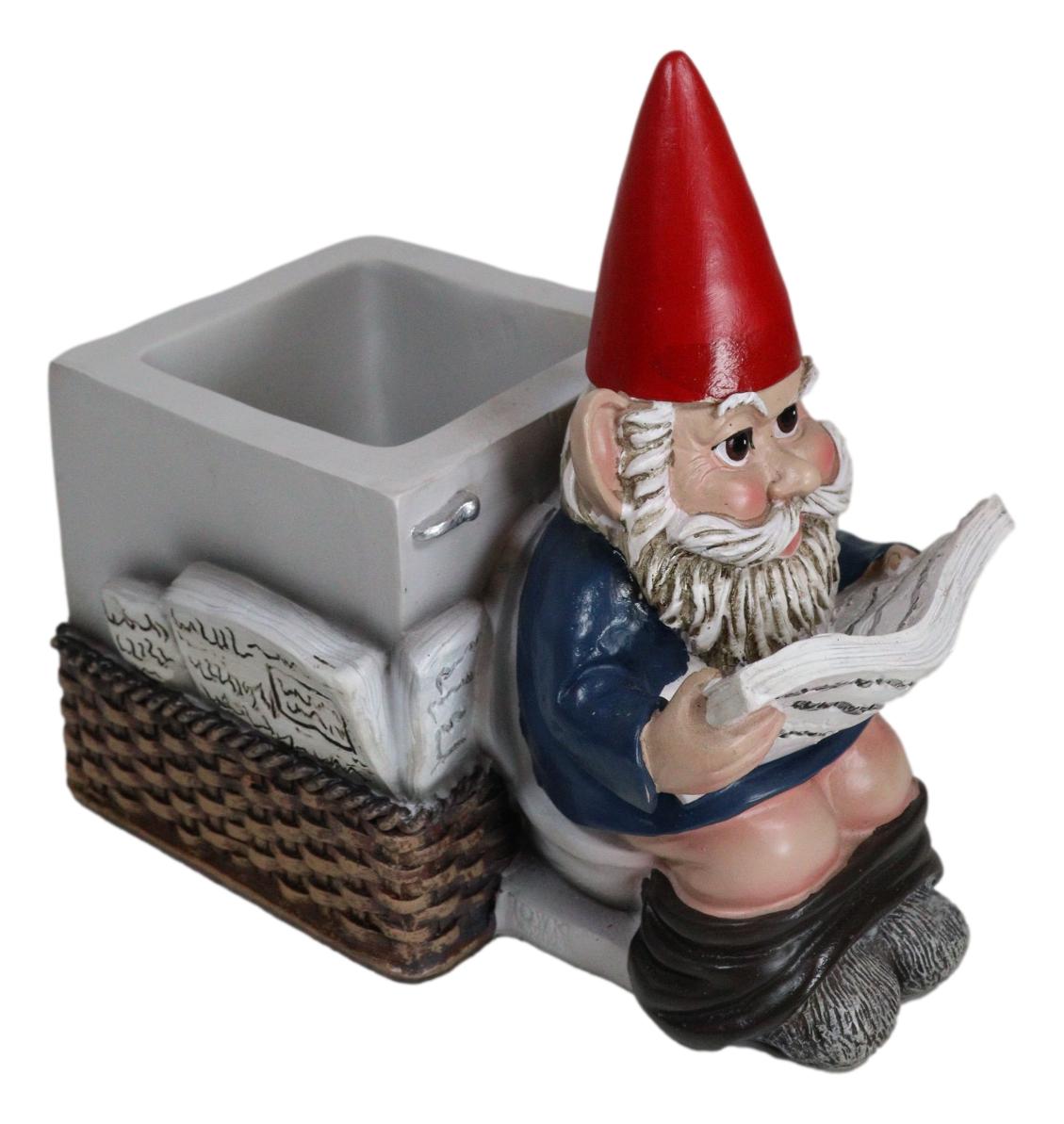 Constipated Mr Gnome With Pants Down By Toilet Bowl Stationery Holder Figurine