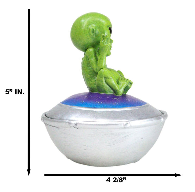 UFO Green Extra Terrestrial Roswell Alien On Spaceship Trinket Box Figurine