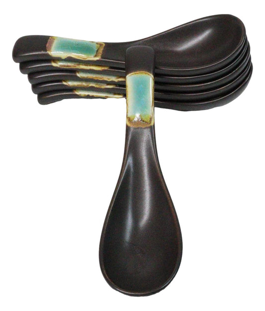 Pack of 6 Midori Kannyu Crackle Green Ceramic Asian Soup Spoons With Hook 5.75"L