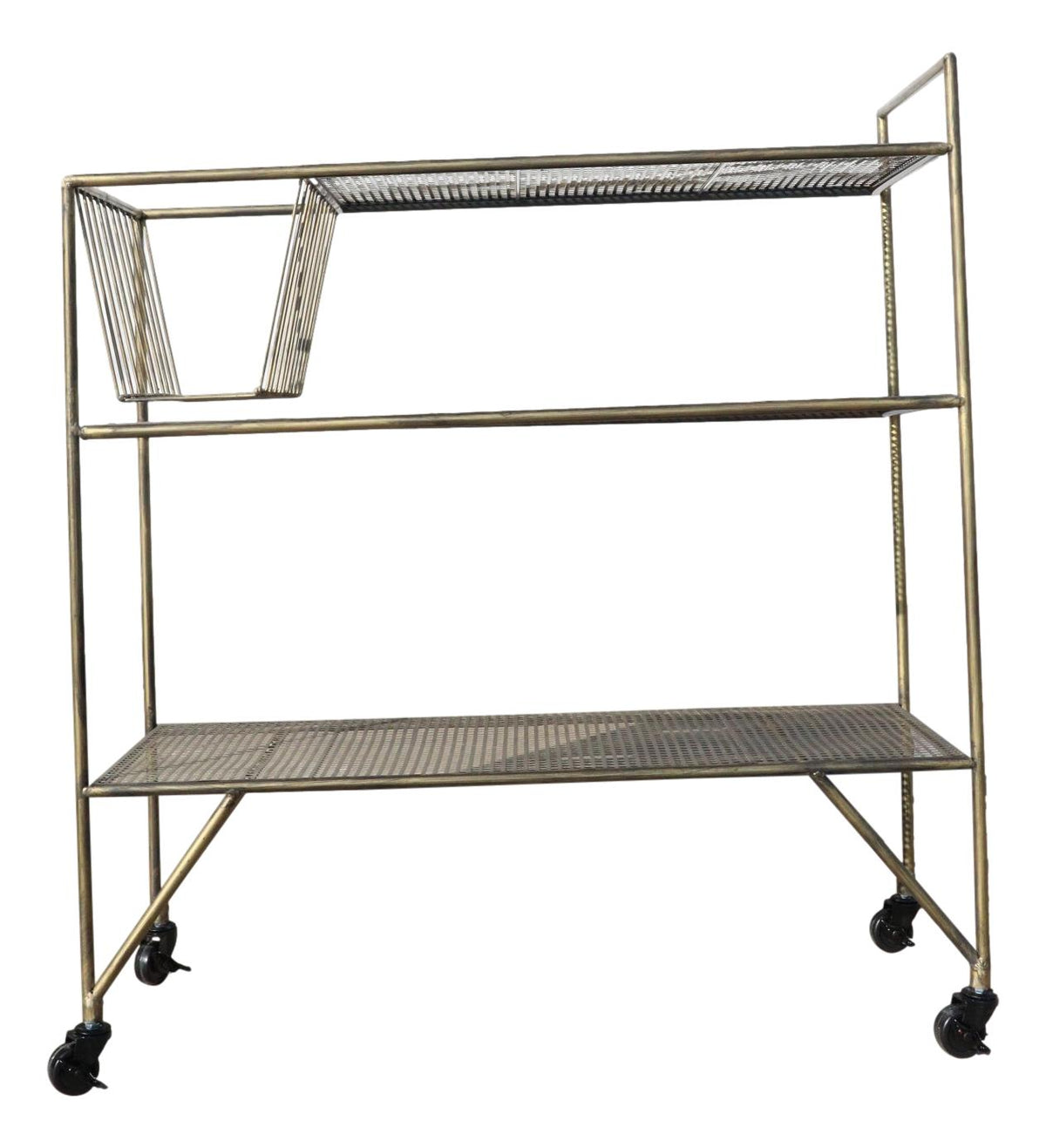 39"H Contemporary Brushed Gold Metal 3 Tier Shelf And Basket Bar Serving Cart