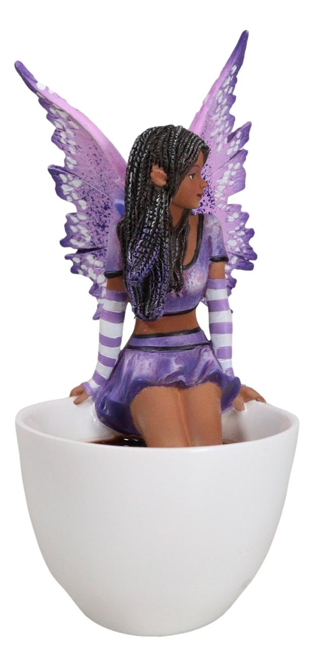 Amy Brown Fantasy Magic FAE Purple Winged Ebony Fairy Sitting On Teacup Figurine