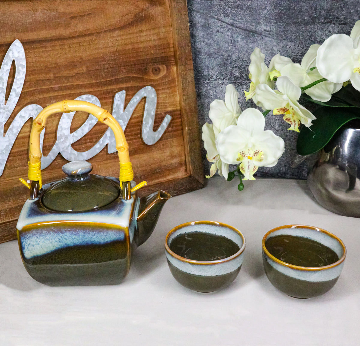 Olive Green White Sands Zen Fusion Reactive Glaze 32oz Teapot And 2 Tea Cups Set