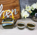 Olive Green White Sands Zen Fusion Reactive Glaze 32oz Teapot And 2 Tea Cups Set