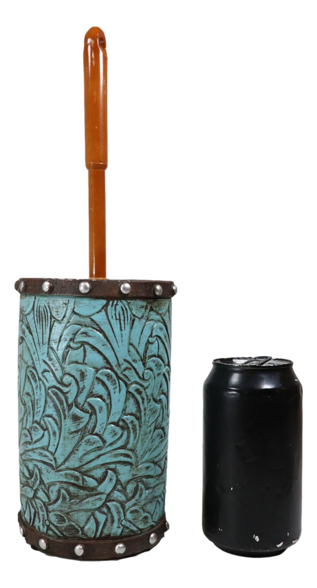 Rustic Vintage Western Turquoise Faux Leather Floral Toilet Brush and Holder Set
