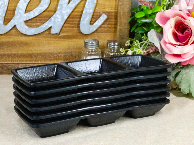 Pack Of 6 Black Silk Melamine 3 Partition Condiment Sauce Dipping Bowl or Dishes