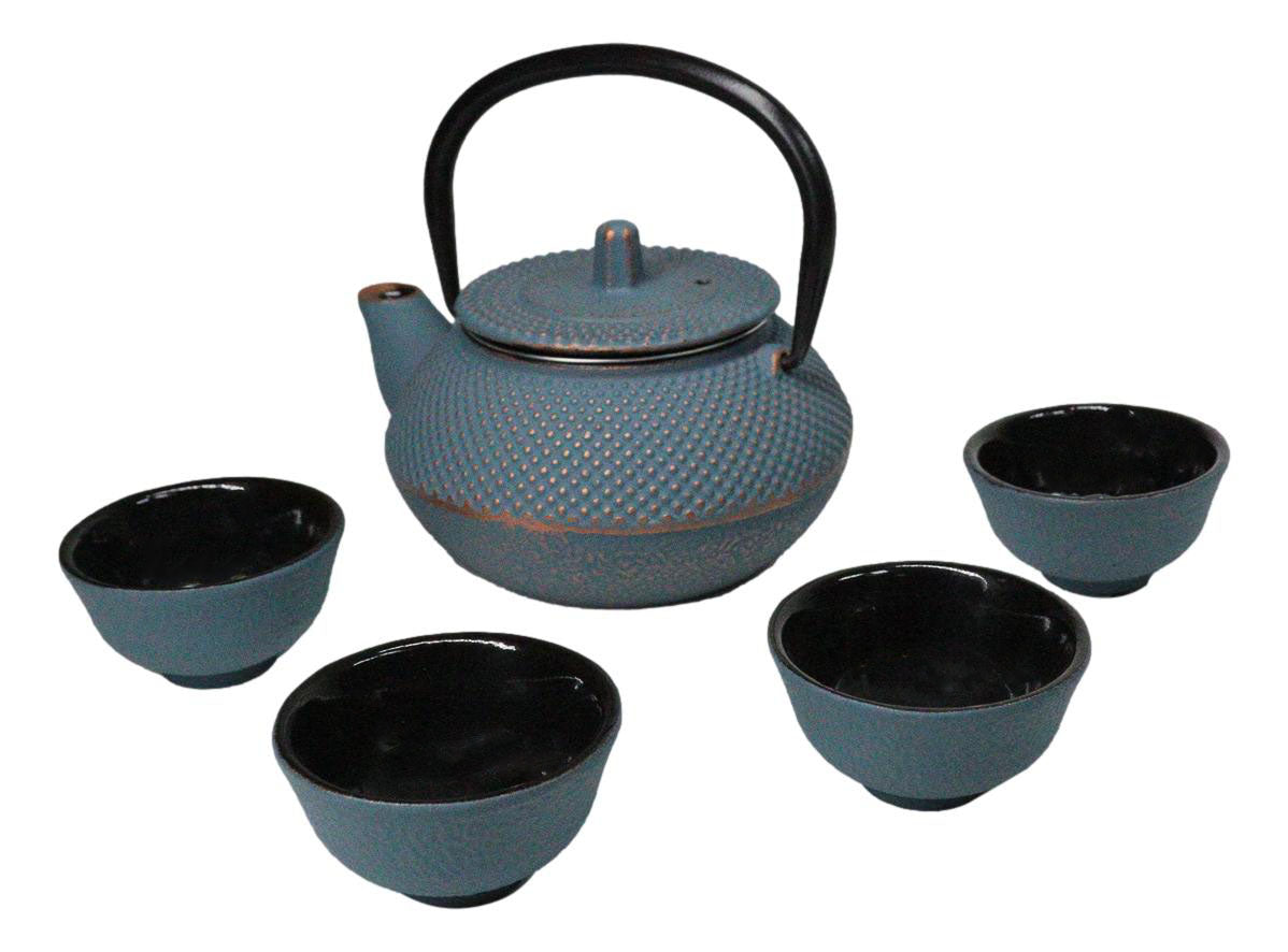 Sky Blue Hobnails Textured Petite Cast Iron Teapot 10oz With 4 Mini Tea Cups Set