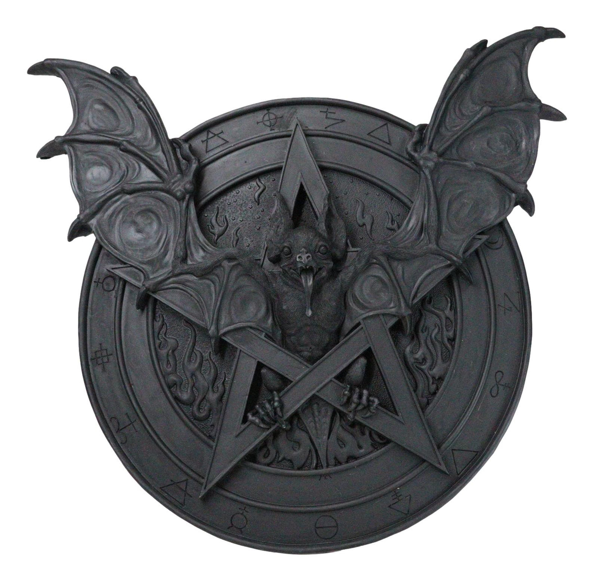Gothic Nosferatu Black Bat Pentagram With Hell Fire Alchemy Symbols Wall Plaque