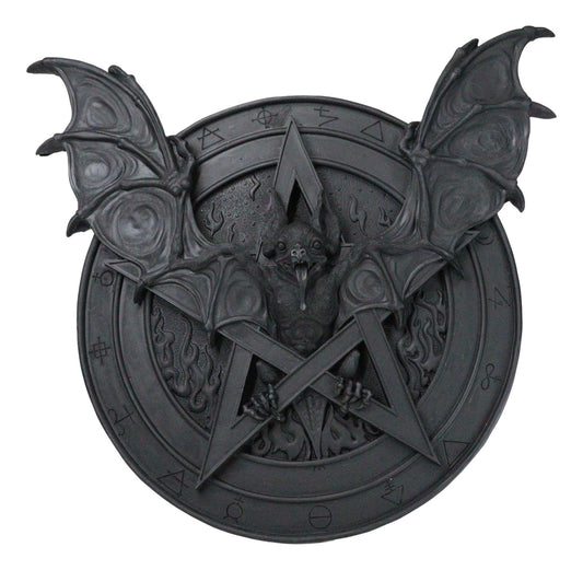 Gothic Nosferatu Black Bat Pentagram With Hell Fire Alchemy Symbols Wall Plaque