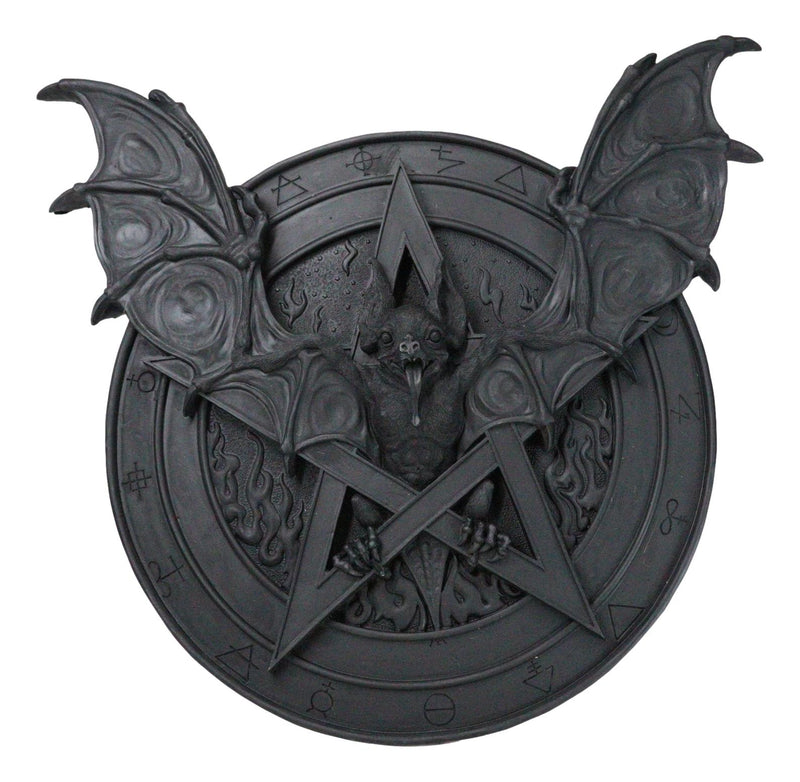 Gothic Nosferatu Black Bat Pentagram With Hell Fire Alchemy Symbols Wall Plaque