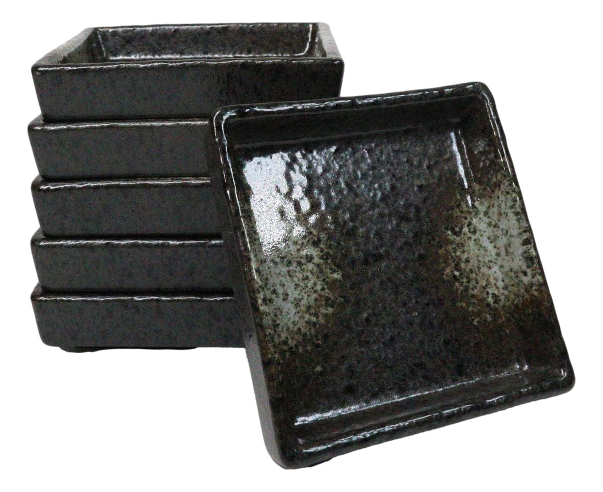 Set Of 6 Charcoal Grey Tone Hakumu Art Ceramic Square Condiment Sauce Dishes 2oz