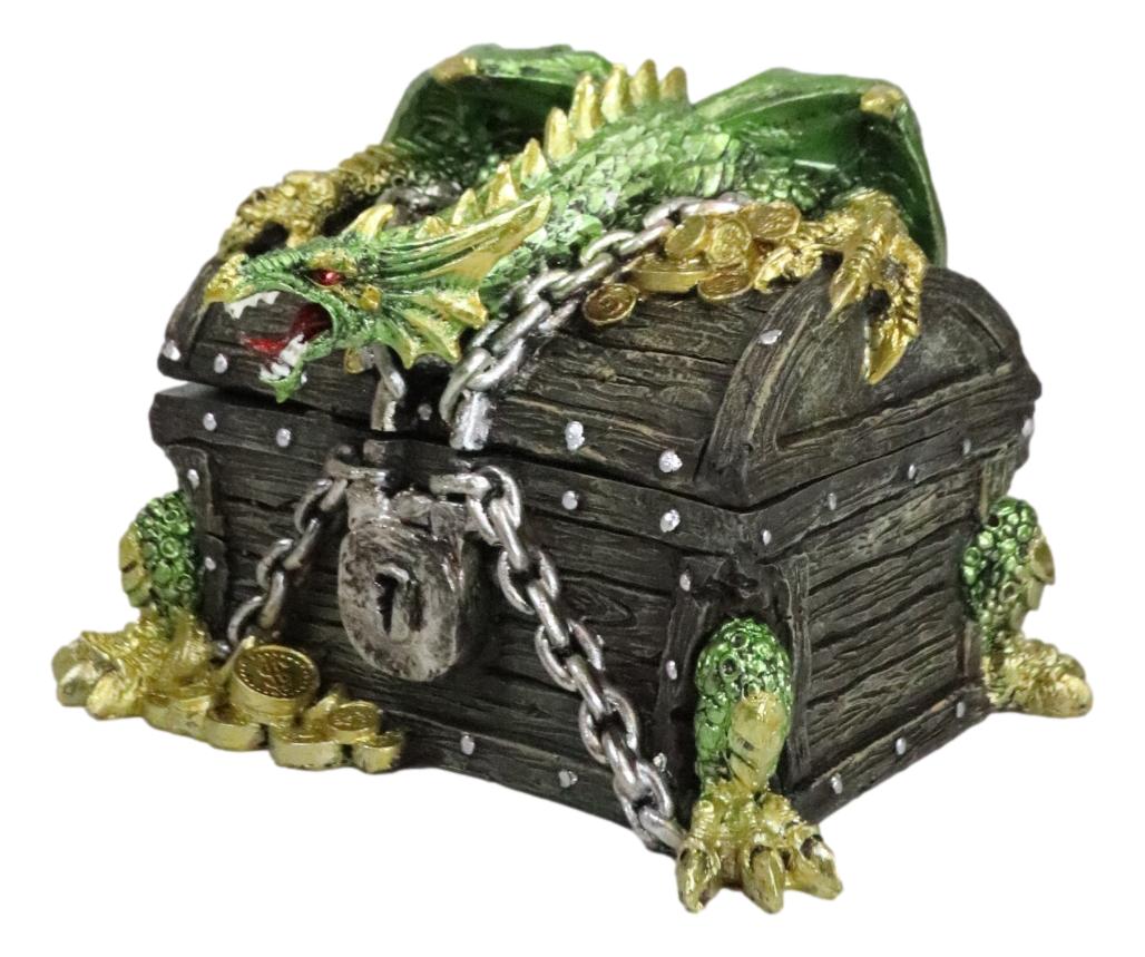 Gold Green Treasure Dragon Guarding Pirate Chest Decorative Jewelry Trinket Box - Ebros Gift