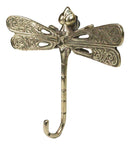 Set Of 2 Polished Brass Dragonfly With Scrollwork Filigree Wings Wall Hooks