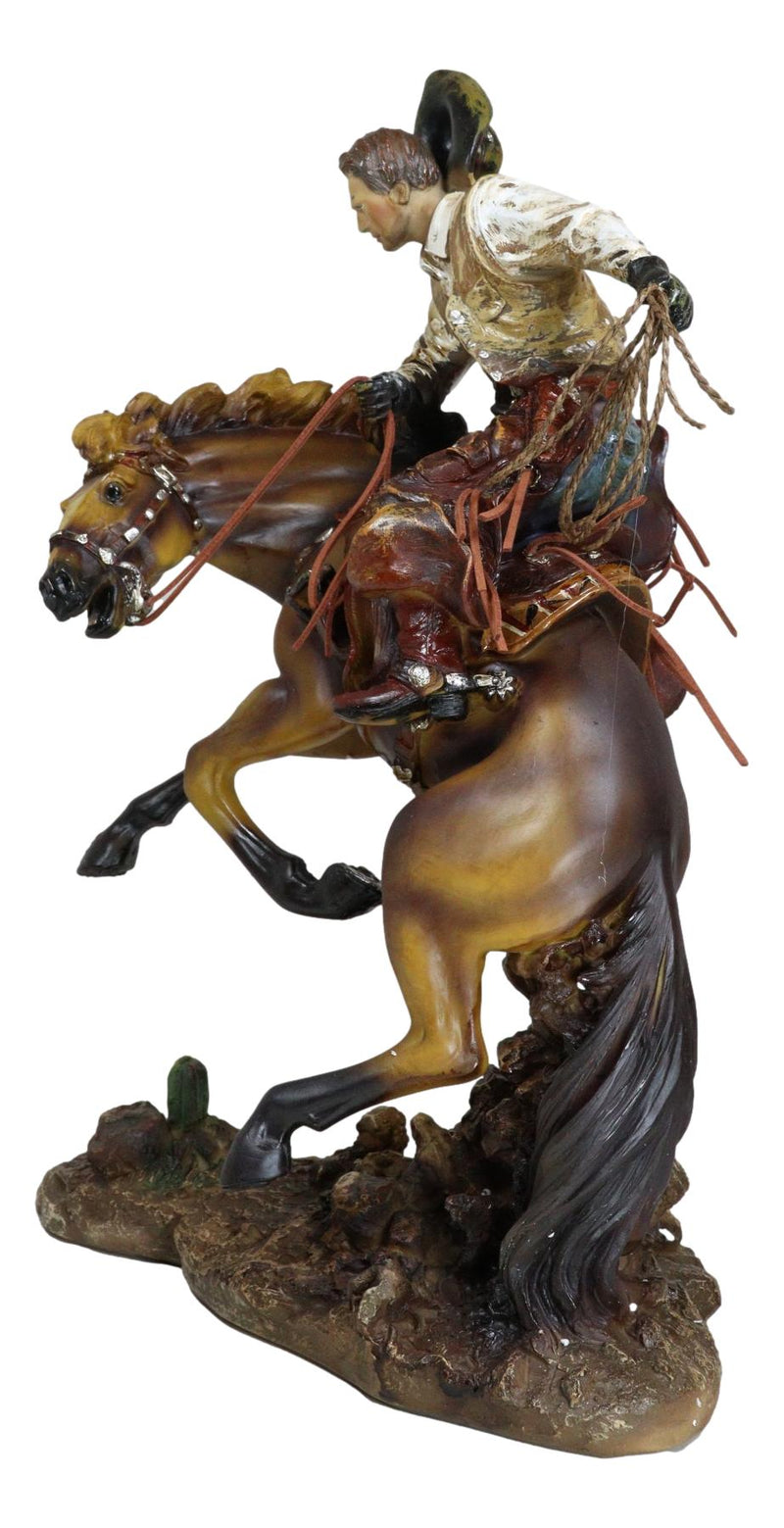 Rustic Western Cowboy With Hat And Rope On Rearing Bronco Horse Rodeo Figurine