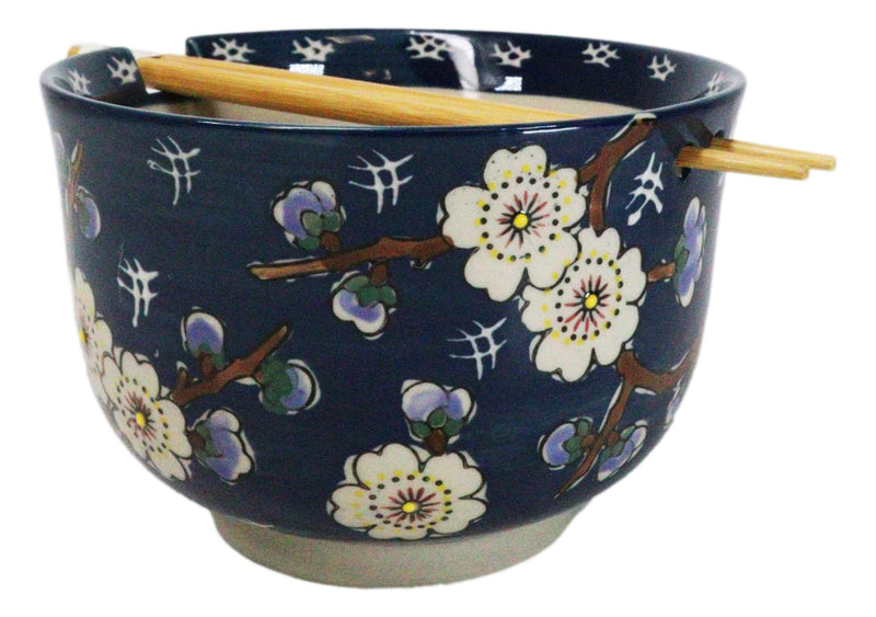 Midnight Blue Plum Blossoms Large 24Oz Donburi Ramen Bowl With Chopsticks Set