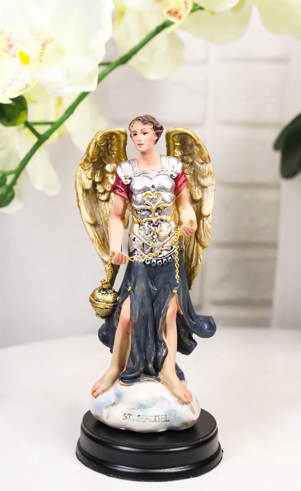 Colorful Catholic Church Archangel Saint Sealtiel with Golden Censer Figurine