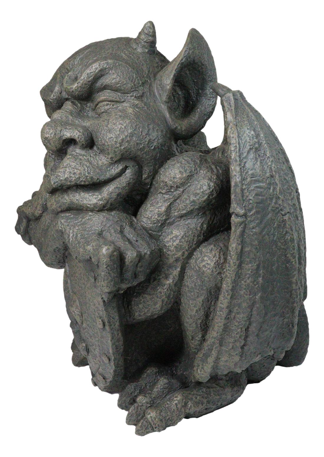Set of 2 Gothic Notre Dame Gargoyle Shield And Sword Bearer Chimera Figurines