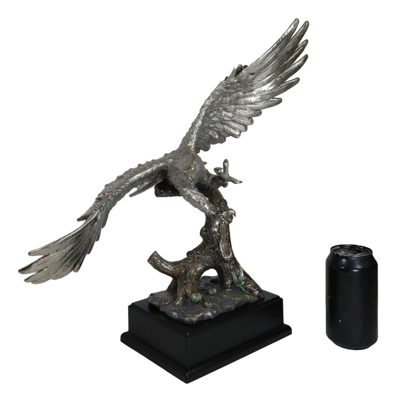 Electroplated Pewter Silver Bald Eagle With Open Wings Soaring Over Tree Statue