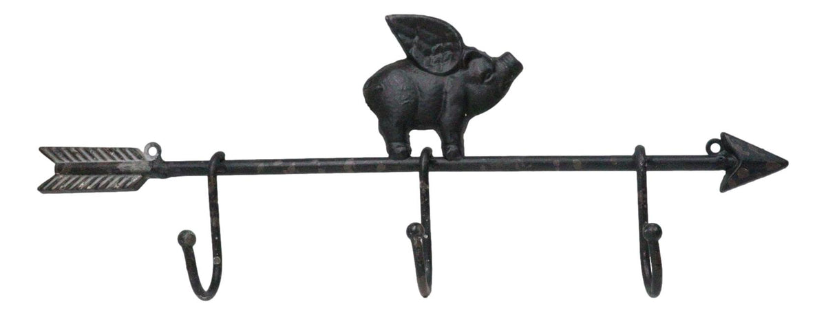 Cast Iron Rustic Farmhouse When Pigs Fly Angel Pig With Arrow 3-Peg Wall Hooks